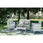 sweeek Salon de jardin en bois 4 places - Ushuaïa - Coussins écrus canapé fauteuils et table basse en acacia design – Image 5