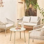 sweeek Salon de jardin beige MANTOVA en acier et cordes en résine 4 places un canapé deux fauteuils une table ronde – Image 3